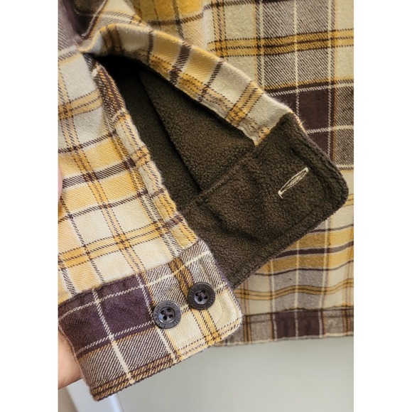 L.L. Bean flannel yellow and brown Button Up sherpa fleece line men's size large - Picture 3 of 9